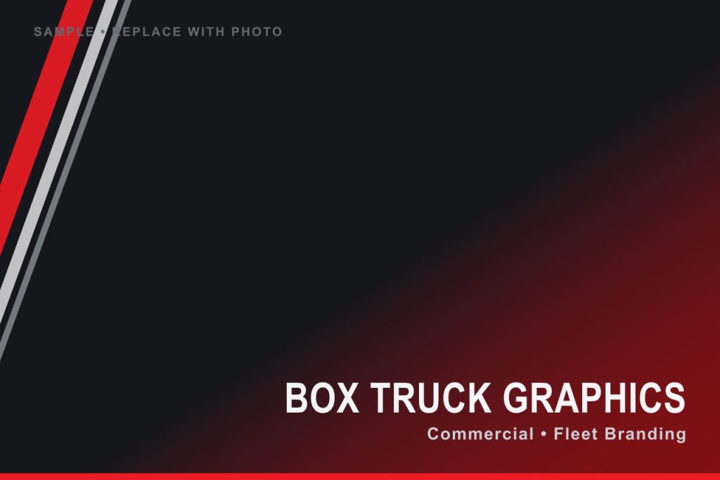 Commercial box truck with large-format red and silver advertising graphics by MAC DESIGNS