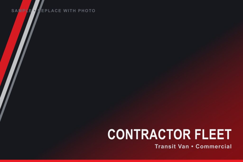 White Ford Transit work van with red and black commercial fleet branding by MAC DESIGNS