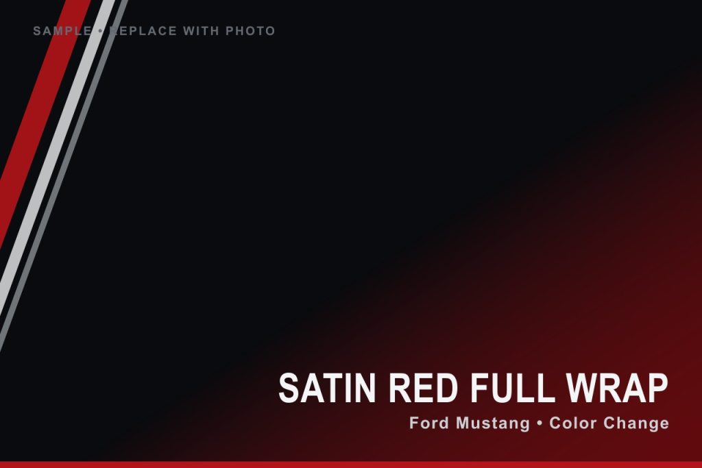 Ford Mustang GT wrapped in satin red with gloss-black accents by MAC DESIGNS