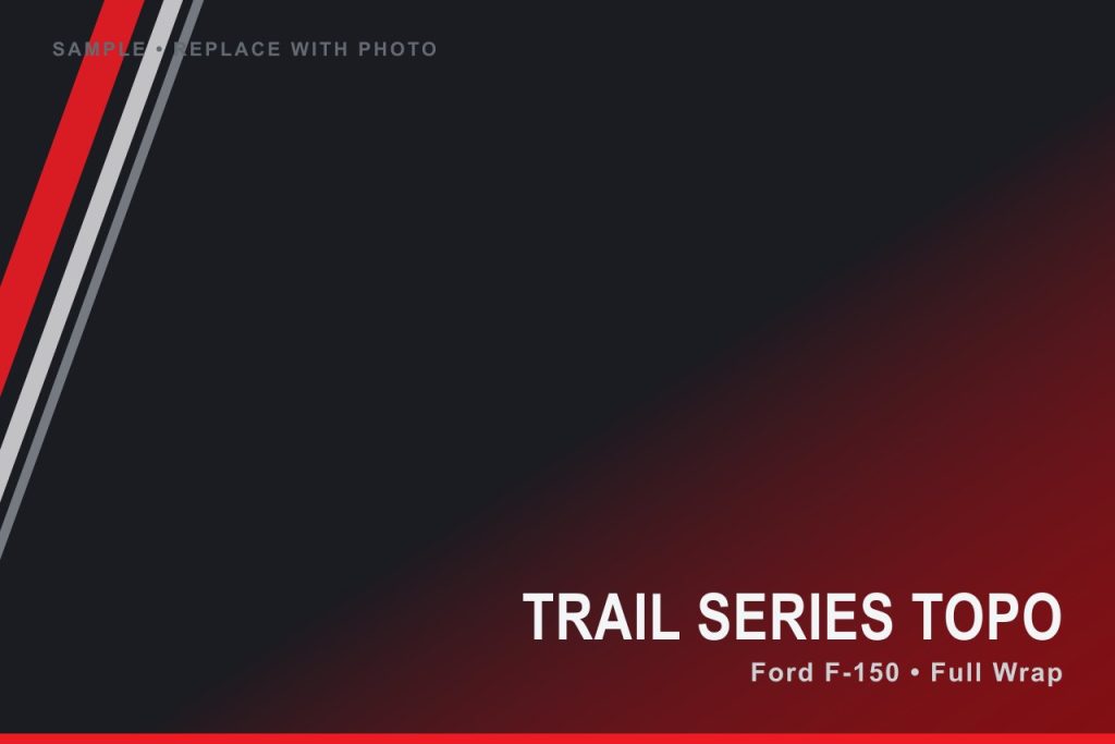 Ford F-150 Raptor with a black topographic-pattern and red racing-stripe full vinyl wrap by MAC DESIGNS